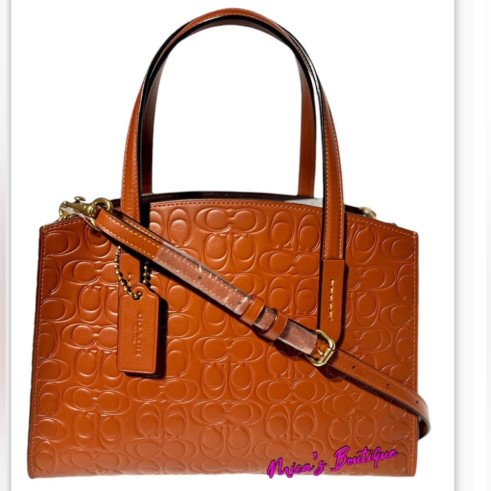 Coach Embossed Signature Satchel in Cognac